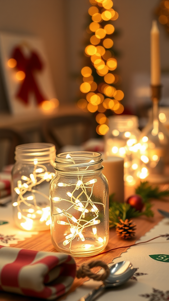 Mason jars filled with string lights on a table with holiday decorations