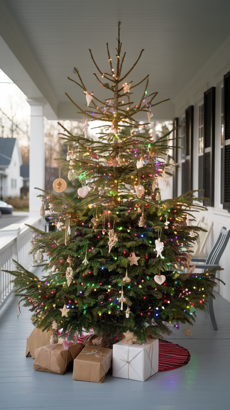 Christmas tree on a porch, decorated with lights and ornaments, surrounded by wrapped gifts.