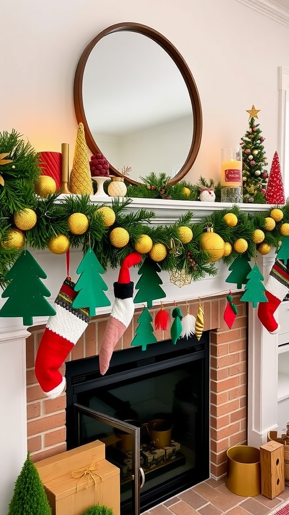 Colorful felt Christmas tree garland hanging on a fireplace mantel