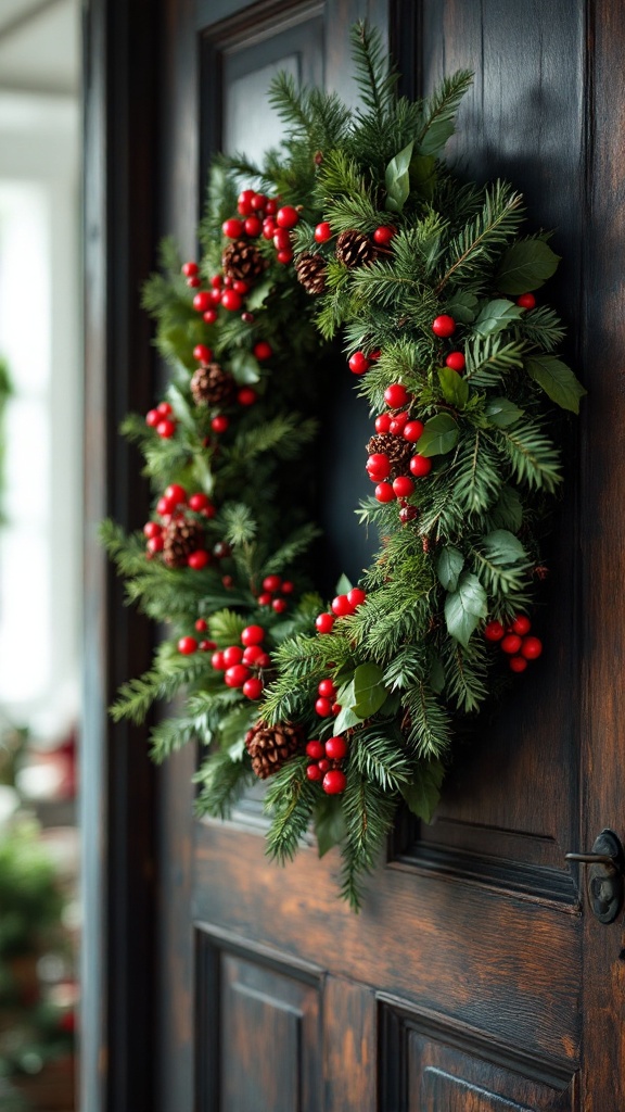 A festive wreath adorned with red berries and pinecones hanging on a dark wooden door.