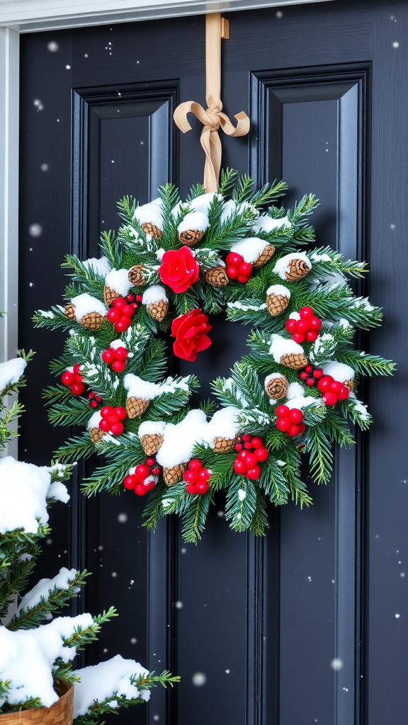 A festive wreath adorned with pinecones, red berries, and flowers, hanging on a black door with snow falling.