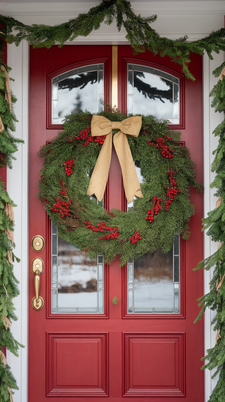 A festive wreath adorned with red berries and a burlap bow on a red front door.