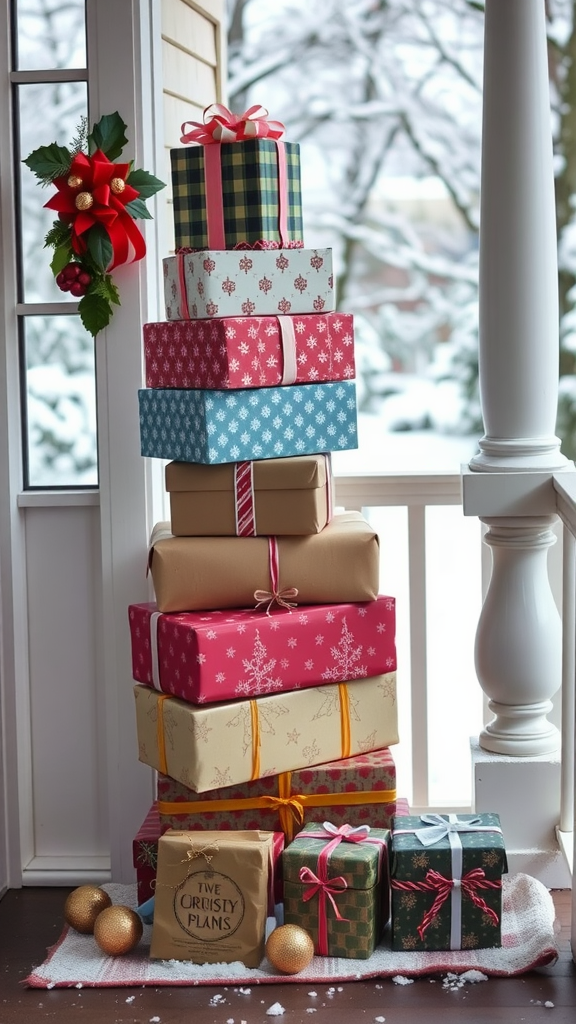 A stack of beautifully wrapped gift boxes in various colors and patterns, with a winter background.