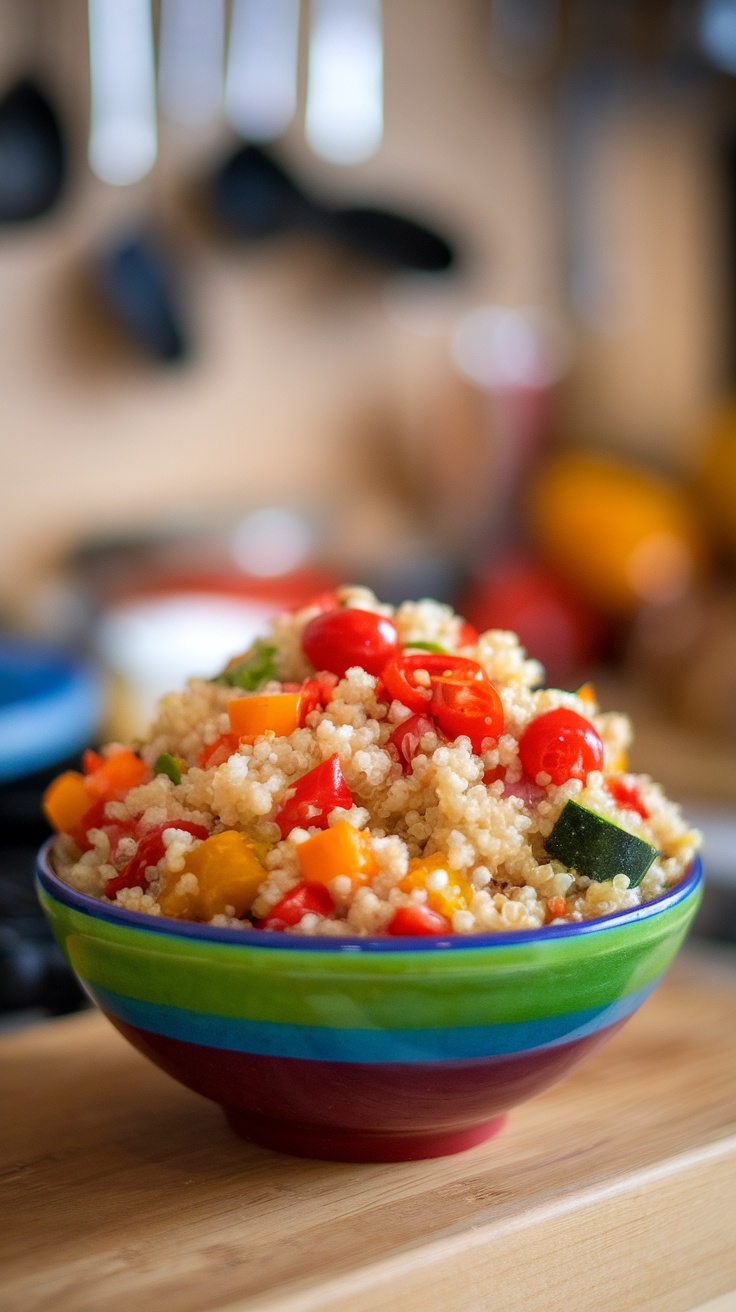 A colorful bowl of quinoa mixed with red and yellow peppers, zucchini, and cherry tomatoes.