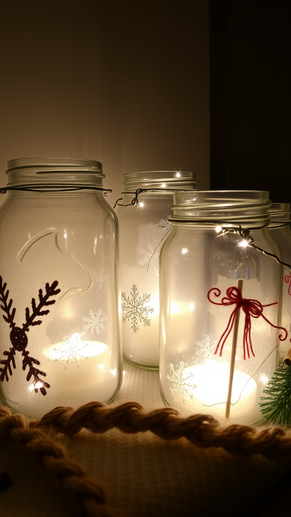 Decorative frosted glass jars with lights and holiday designs