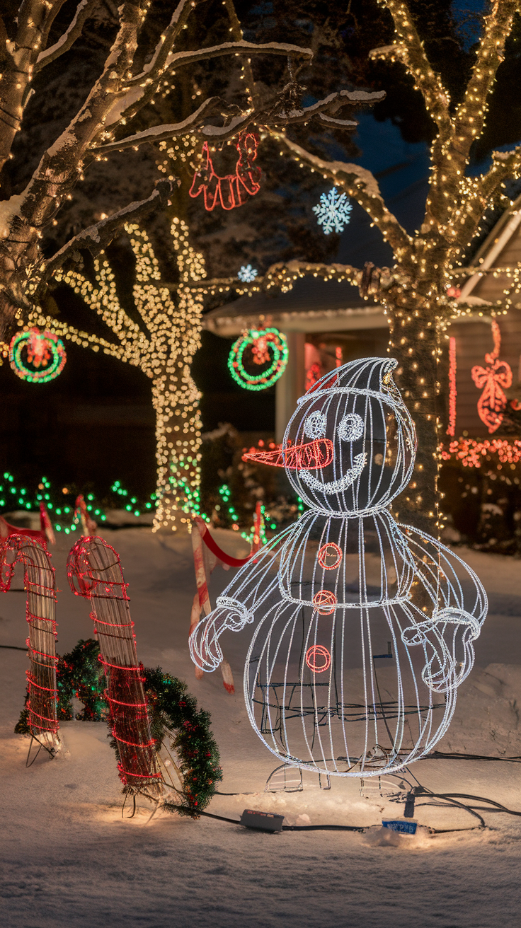 A glowing snowman surrounded by colorful holiday lights and decorations.