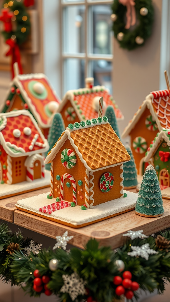 A display of beautifully decorated gingerbread houses with colorful icing and candy details.