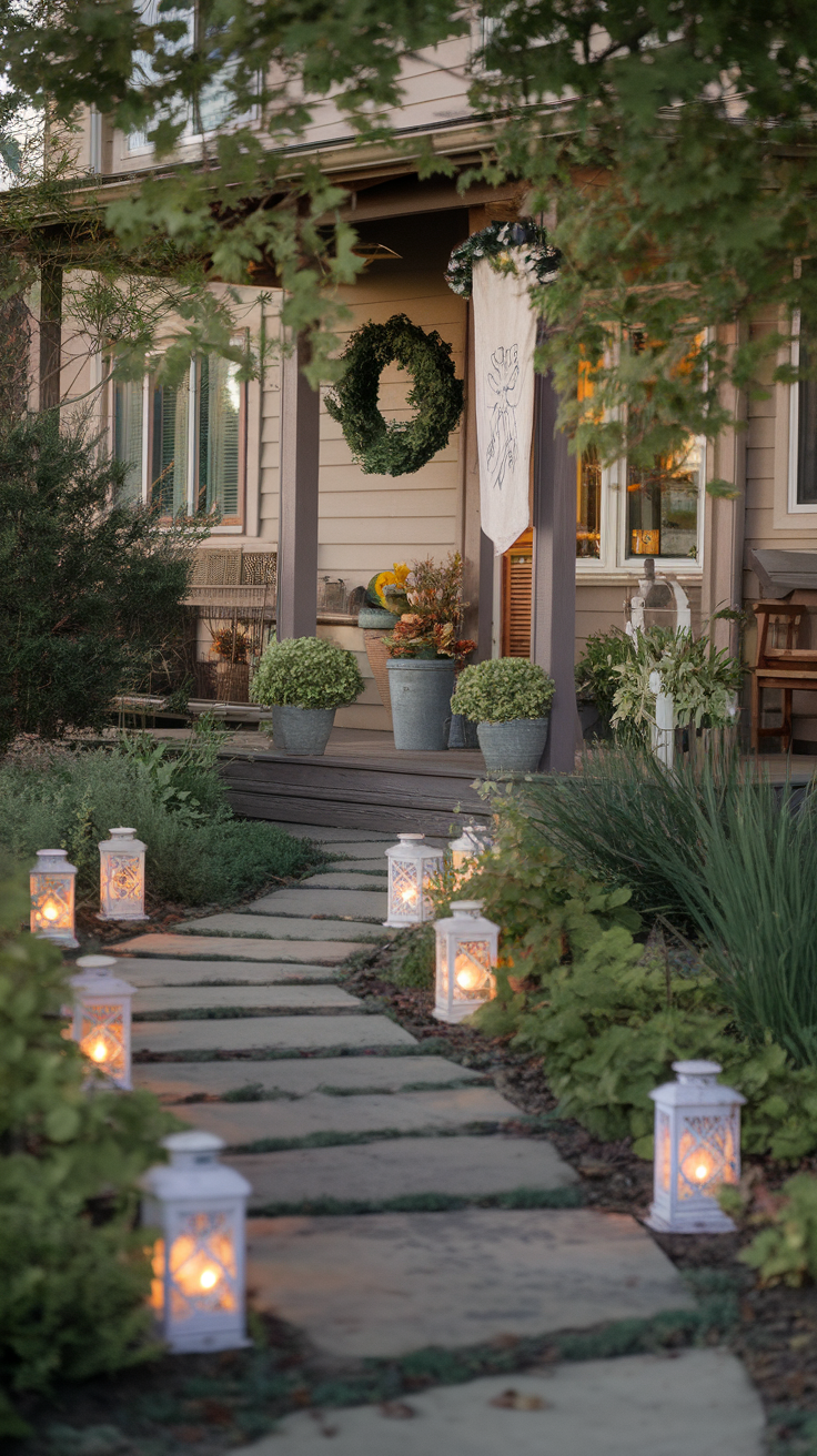 Pathway lined with glowing lanterns leading to a welcoming home.