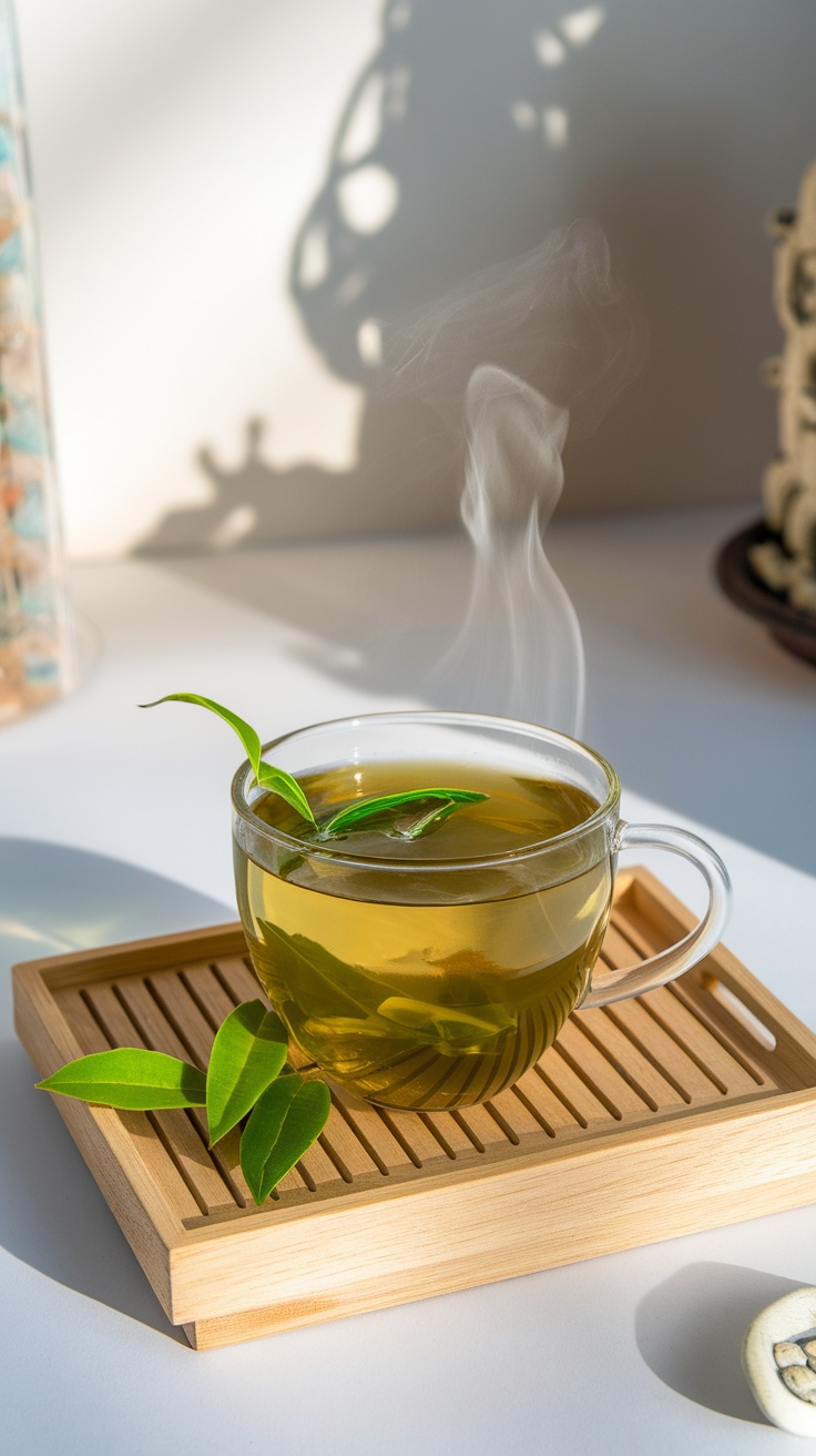 A steaming cup of green tea with fresh leaves on a wooden tray.