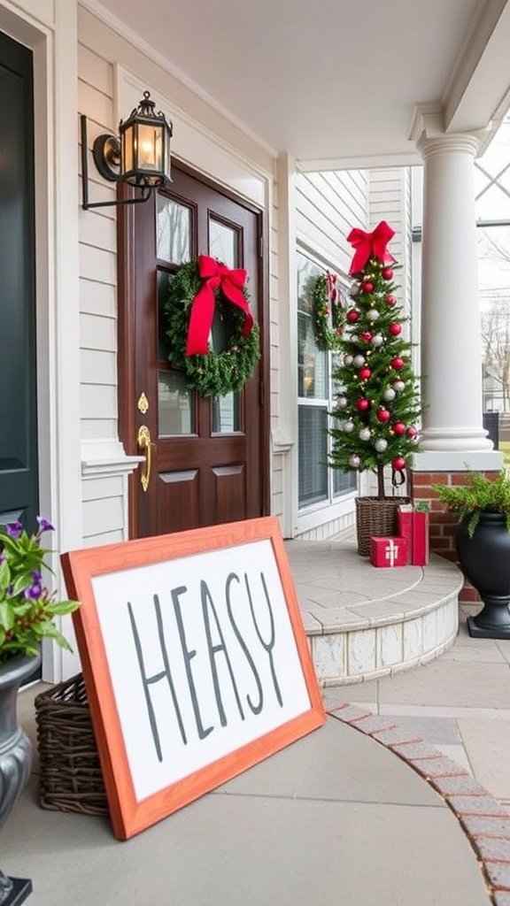 Colorful hand-painted holiday signs displayed on a porch
