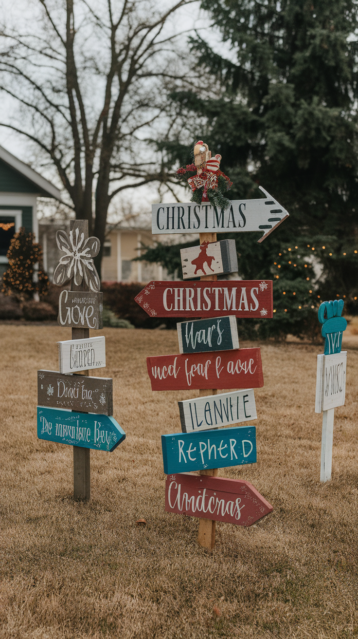 A collection of colorful handcrafted wooden signs in a yard, including festive themes.