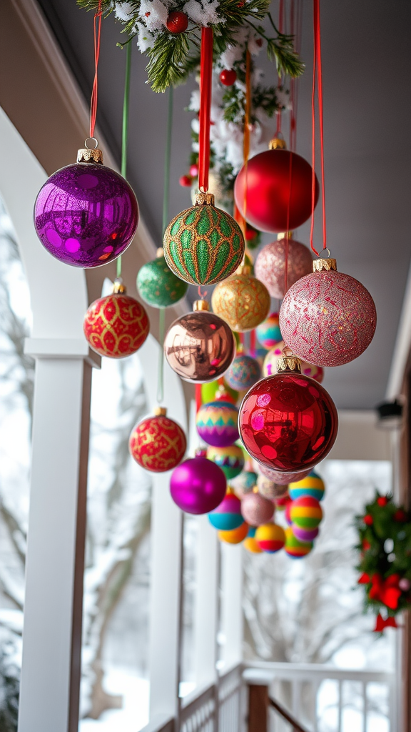 Colorful ornaments hanging from the ceiling with seasonal decor