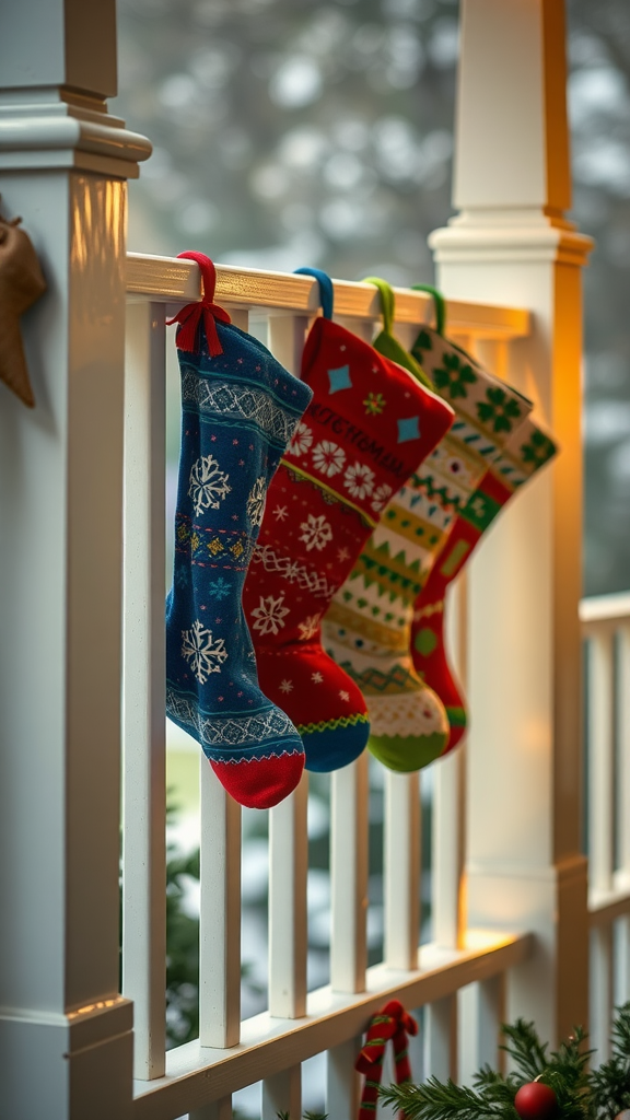Four colorful Christmas stockings hanging on a railing, featuring different festive designs.