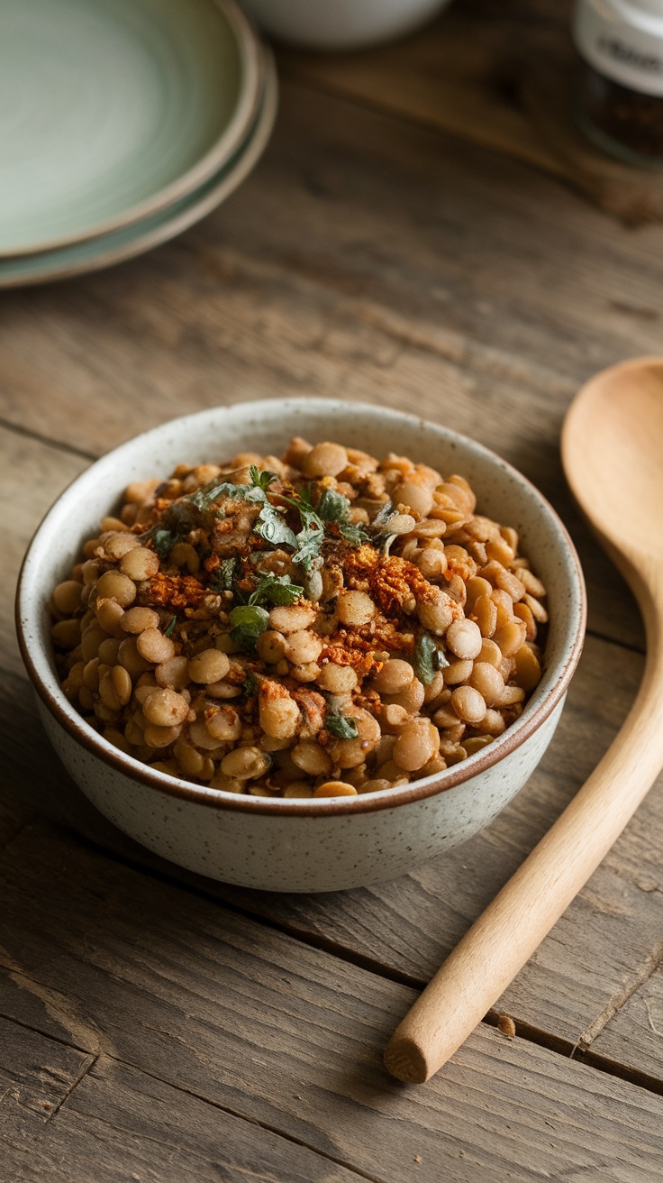 A bowl of seasoned lentils topped with herbs, placed on a wooden table.
