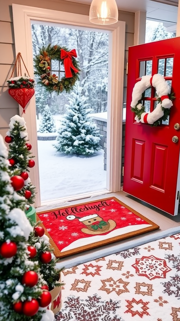 A bright red holiday-themed doormat featuring a cheerful snowman design, placed in a snowy entryway decorated for Christmas.