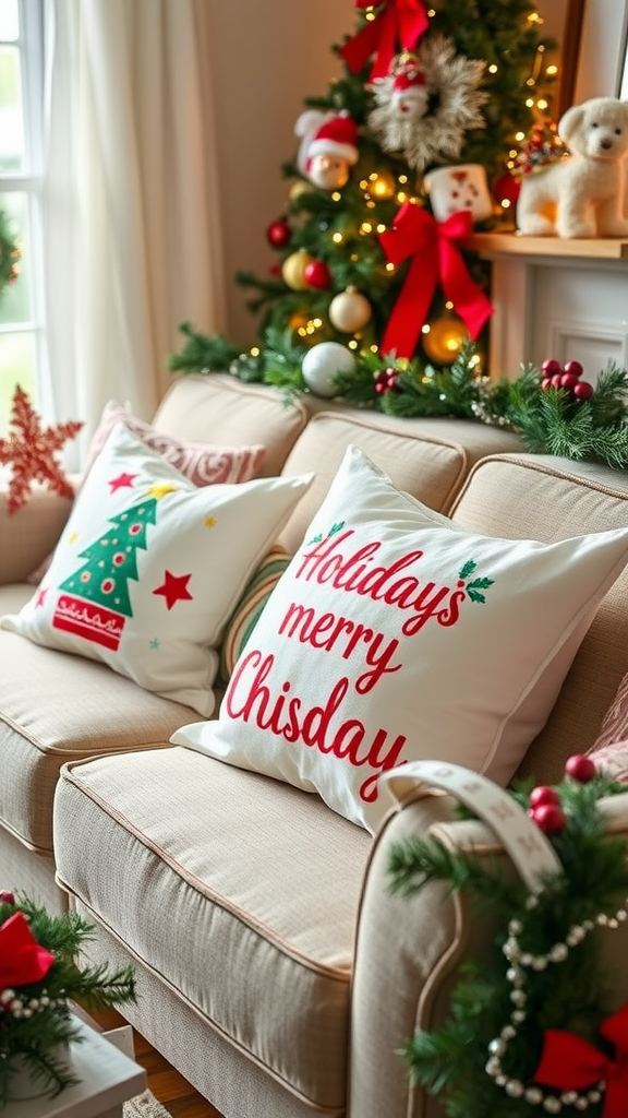 Cozy living room sofa decorated with holiday-themed pillow covers and a Christmas tree.