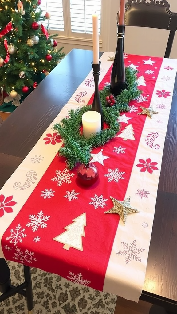 A red and white holiday table runner with stenciled snowflakes and Christmas trees, adorned with candles and greenery.