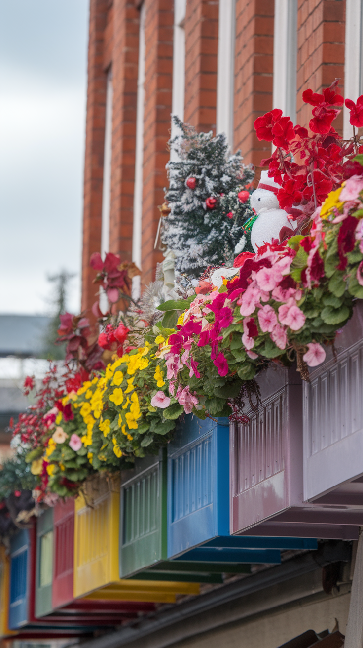 Colorful holiday-themed window boxes with flowers and decorations.