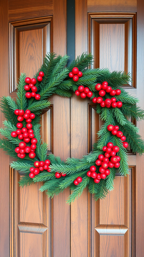 A festive holiday wreath with green foliage and red berries on a wooden door.
