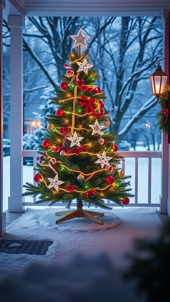 Christmas tree illuminated on porch with snow in the background