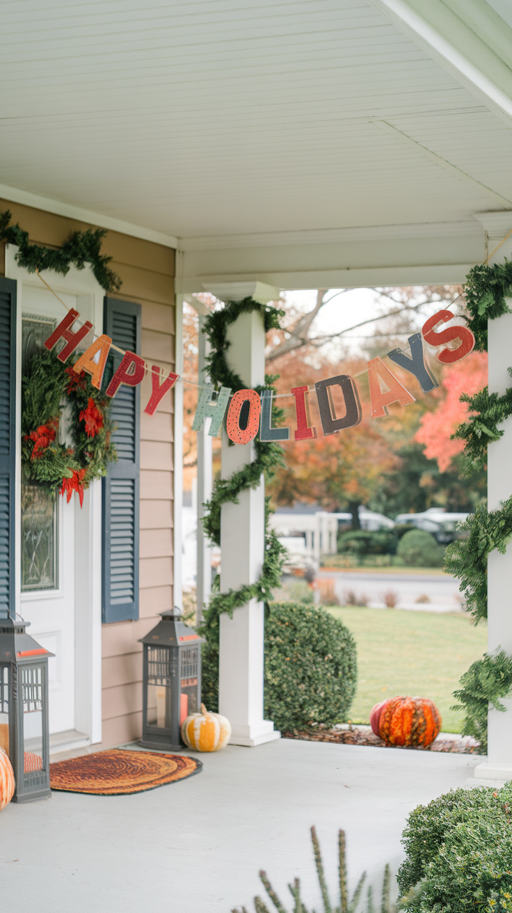 A porch decorated with a 'Happy Holidays' banner, surrounded by greenery and pumpkins.