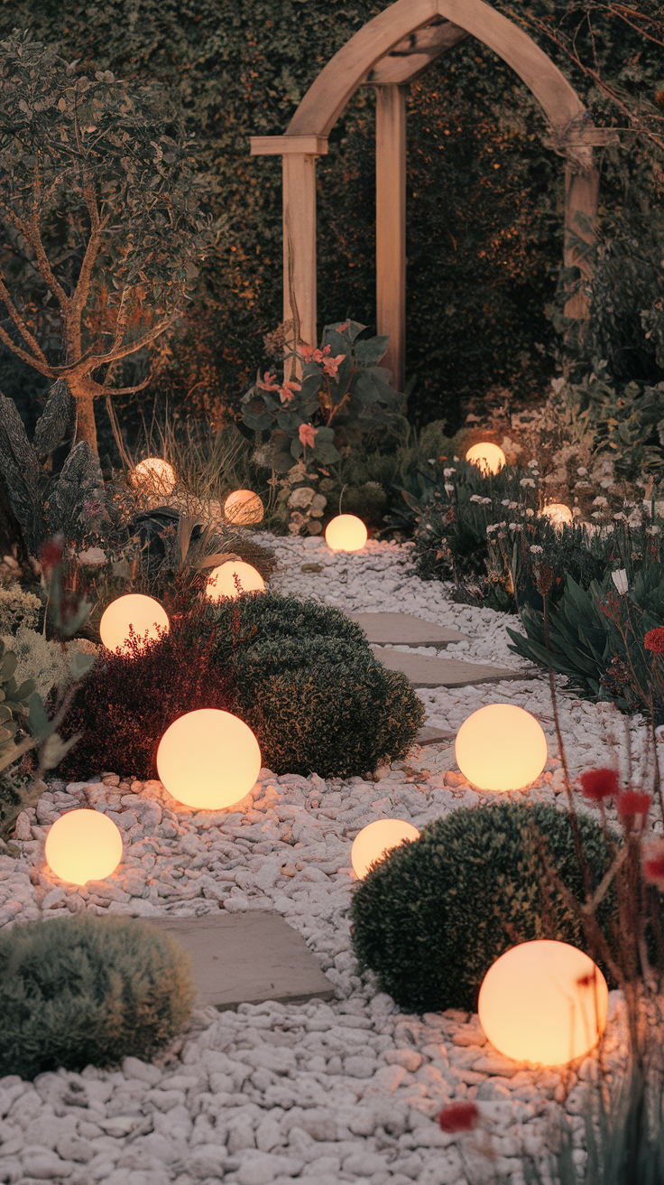 Illuminated orbs scattered along a garden path surrounded by greenery.