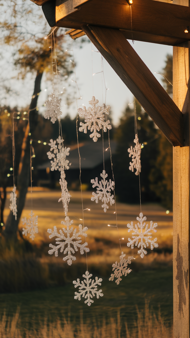 Decorative snowflakes hanging from a wooden structure with lights