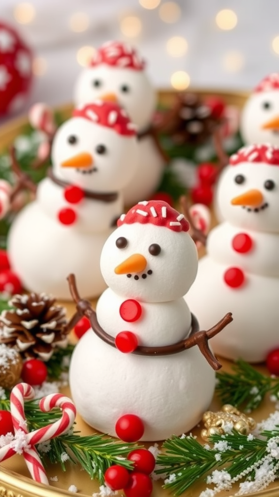 Cute marshmallow snowmen decorated with candy and set on a festive platter.