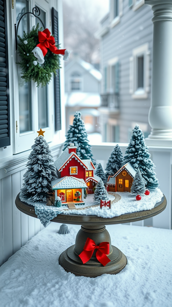 A beautifully arranged miniature Christmas village with snowy trees and charming houses on a table.