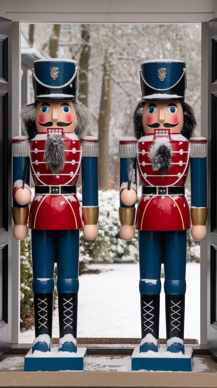 Two colorful nutcracker soldiers standing at a doorway