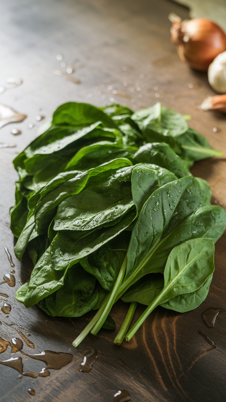 Fresh spinach leaves on a wooden surface