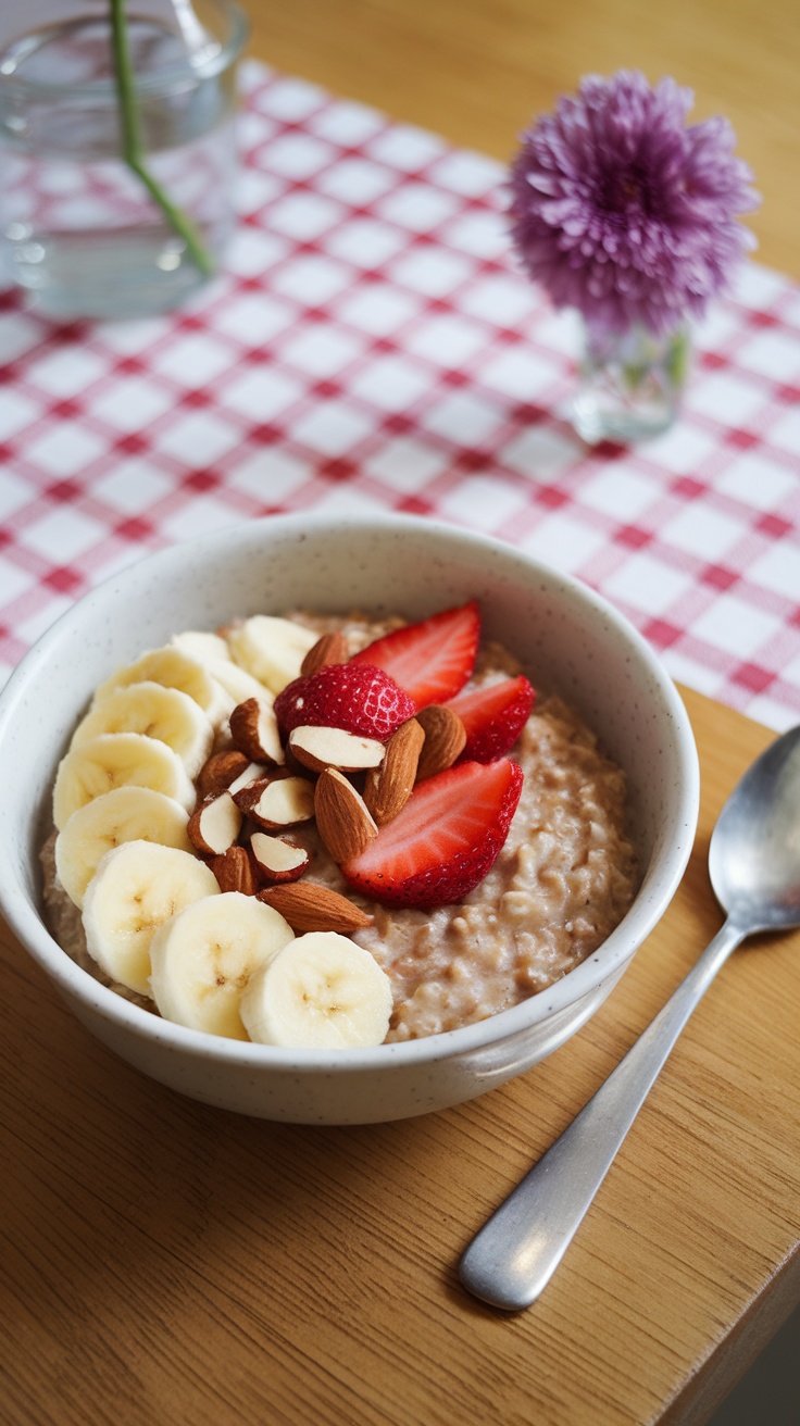 A bowl of oatmeal topped with sliced bananas, strawberries, and almonds.