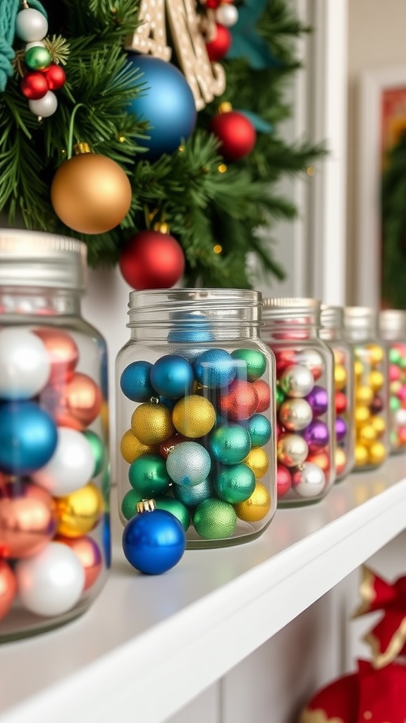 Colorful ornaments displayed in clear jars with a festive wreath in the background.