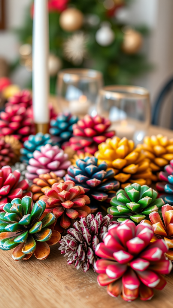 Colorful painted pinecones arranged on a table with a candle and festive background.