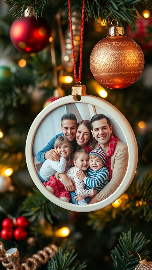 A personalized photo ornament hanging on a Christmas tree, featuring a smiling family.
