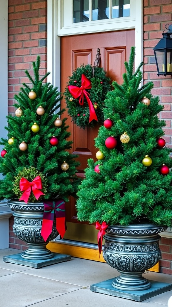Two potted evergreen trees decorated with ornaments and bows flanking a front door.