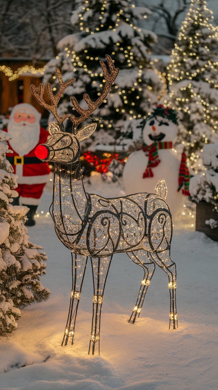 A lit-up reindeer decoration in a snowy yard, surrounded by Christmas lights and decorations.