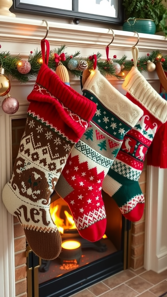 Three colorful sweater stockings hanging above a fireplace decorated for the holidays.