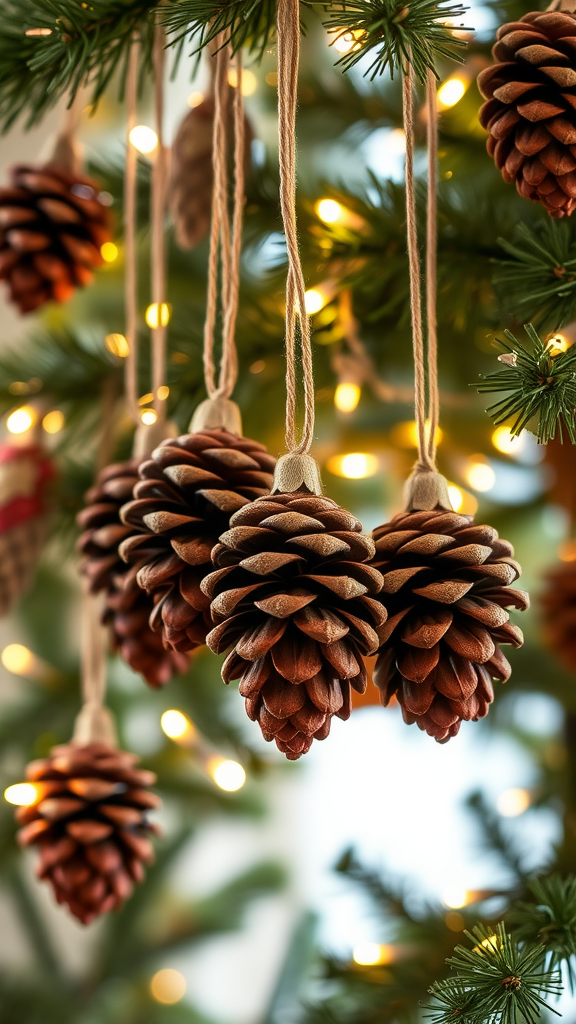 A close-up of rustic pinecone ornaments hanging from a Christmas tree.