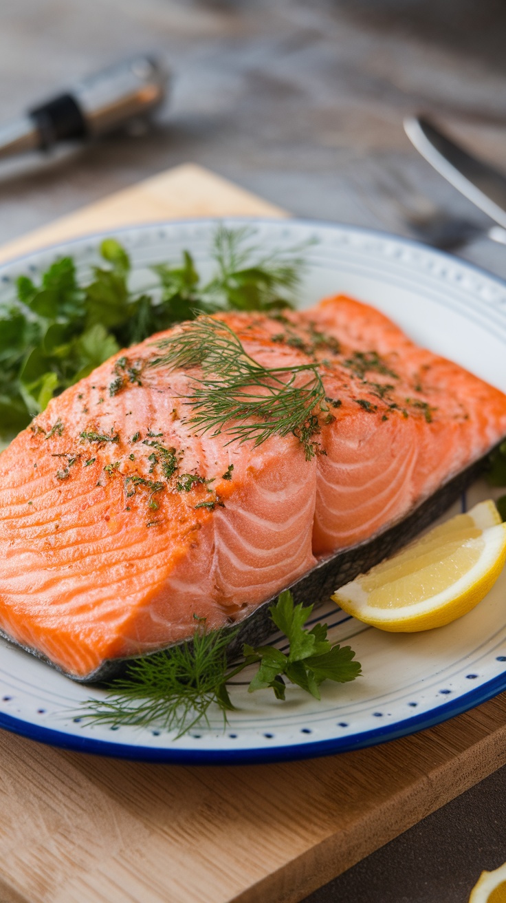 A plate of fresh salmon garnished with herbs and lemon slices.