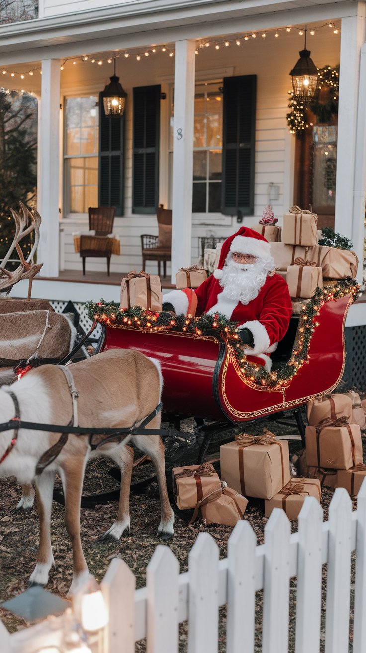 Santa Claus sitting in a sleigh with gift boxes and reindeer in front of a decorated house.