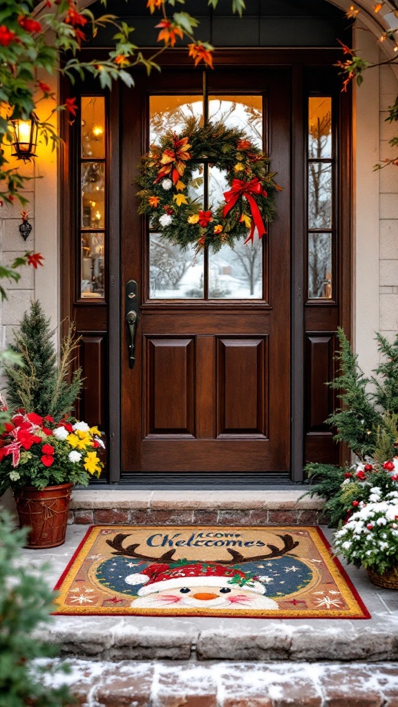 A cozy front door with a festive wreath and a seasonal welcome mat featuring a smiling snowman and reindeer antlers.