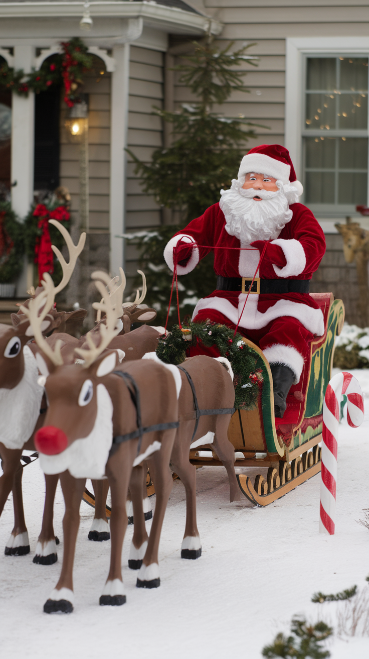 A festive display of Santa in a sled being pulled by reindeer