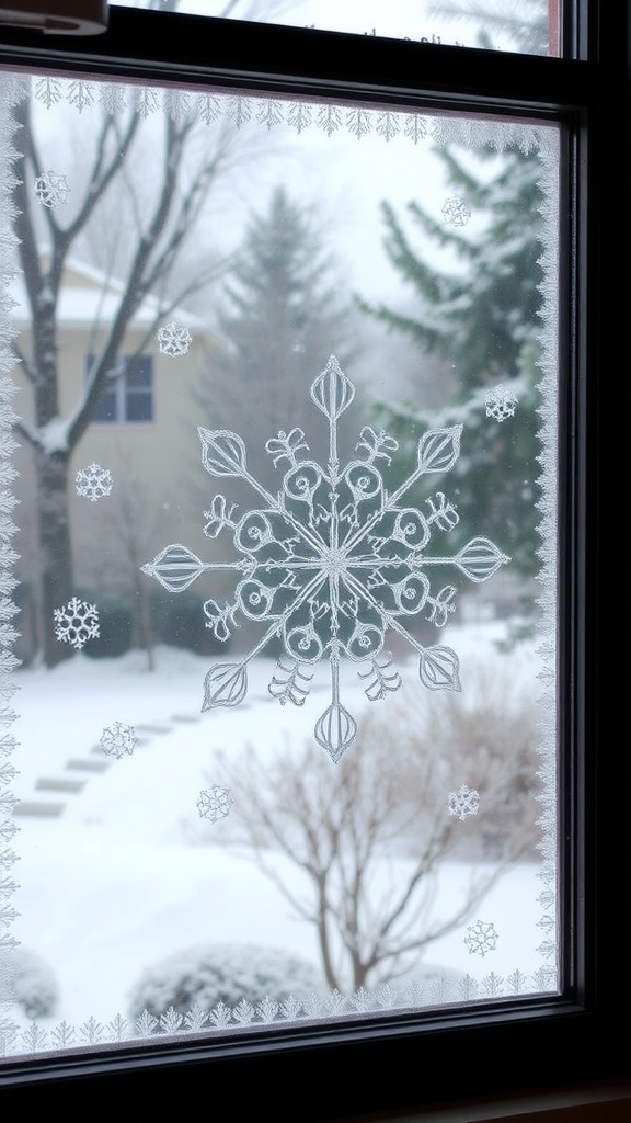 Window decorated with snowflake clings, showcasing a snowy landscape outside.