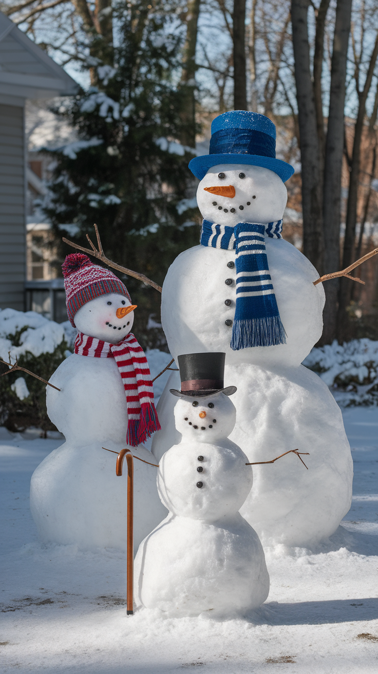 A cheerful family of snowmen on a snowy lawn, featuring a large snowman in a blue hat and scarf, a medium-sized snowman with a top hat, and a small snowman wearing a red knit hat.