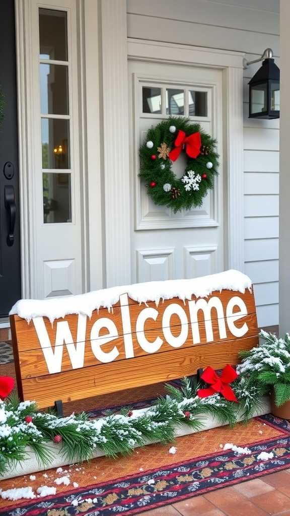 A rustic wooden sign spelling 'welcome' covered in snow, placed at the entrance with festive decorations.