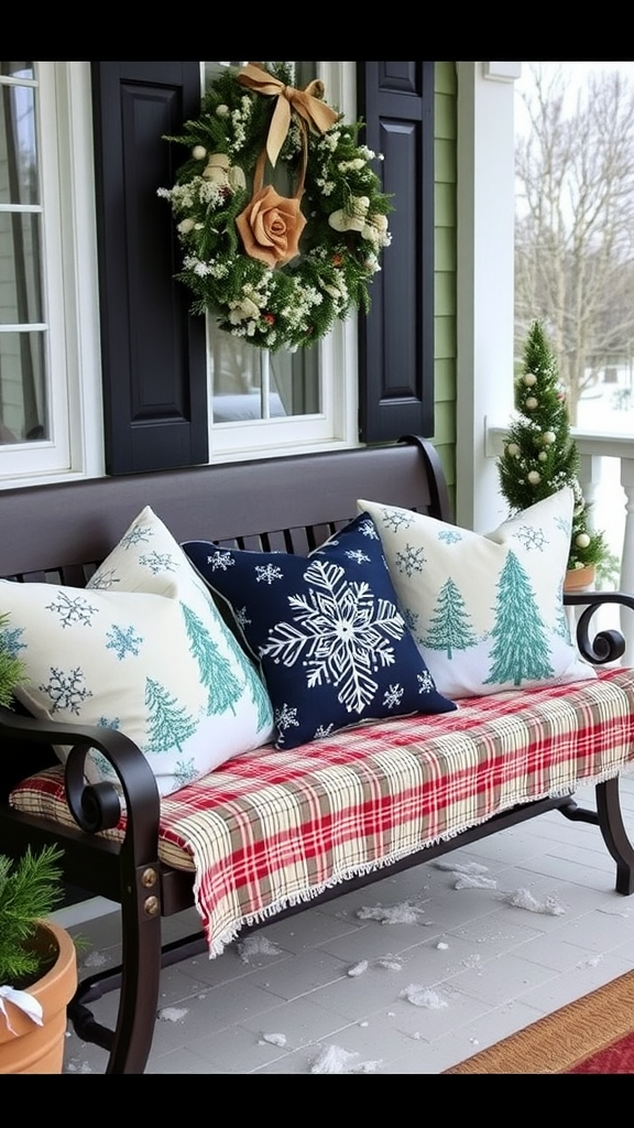 A bench with snowy themed pillows and a plaid blanket, decorated for winter.