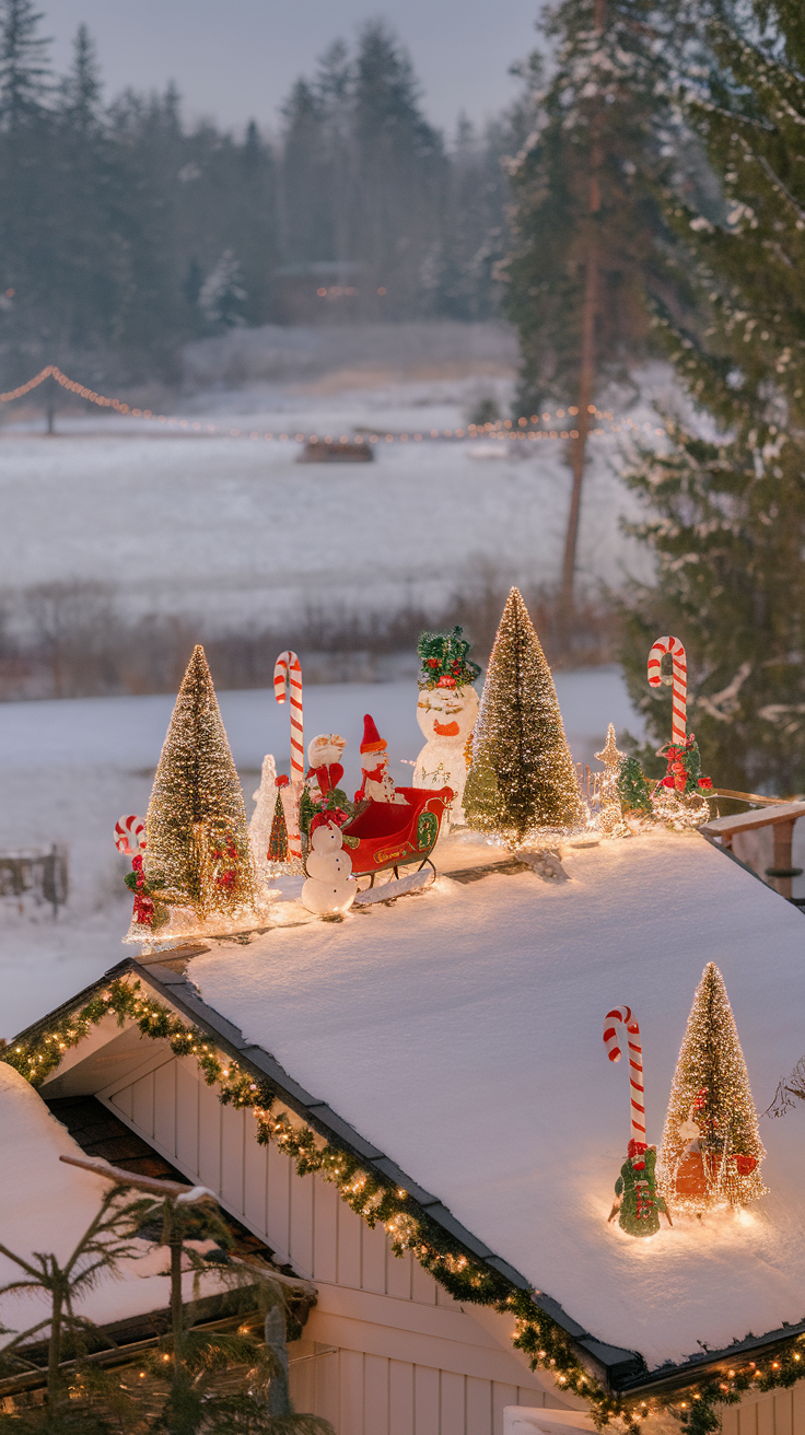 A beautifully decorated roof featuring Christmas decorations like Santa, snowmen, and trees with lights, set against a snowy background.