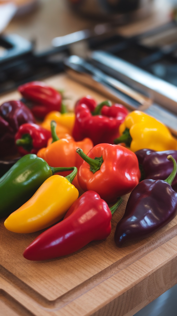 A vibrant assortment of colorful spicy peppers on a wooden cutting board.