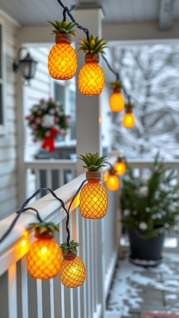 A string of pineapple-shaped lights glowing warmly on a porch railing